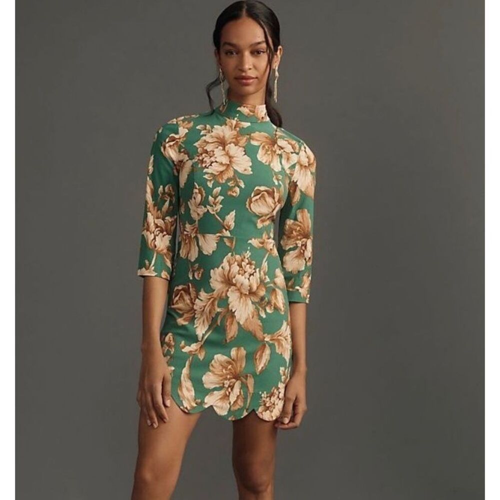 Anthropologie Maeve Mini Dress 16 Green Cream Floral Mock Neck Shift Stretch